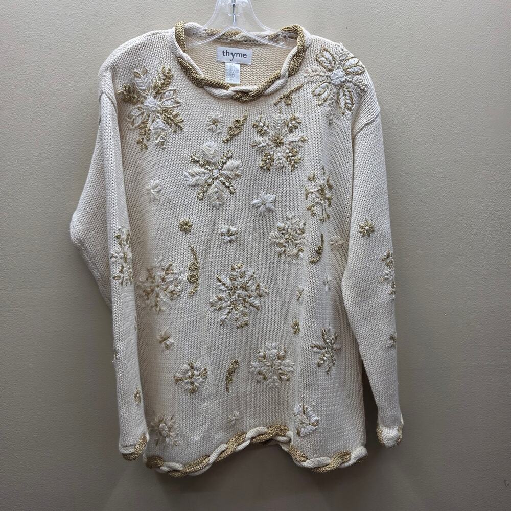 Vintage Knit Sweater SZ Large Gold & White Embroidered Snowflake 1990's Y2K READ